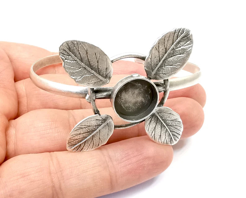 Leaf Bracelet Blank Resin Bezel Cabochon Cuff Base Settings Adjustable Bracelet Antique Silver Plated Brass (14mm Bezel) G33492