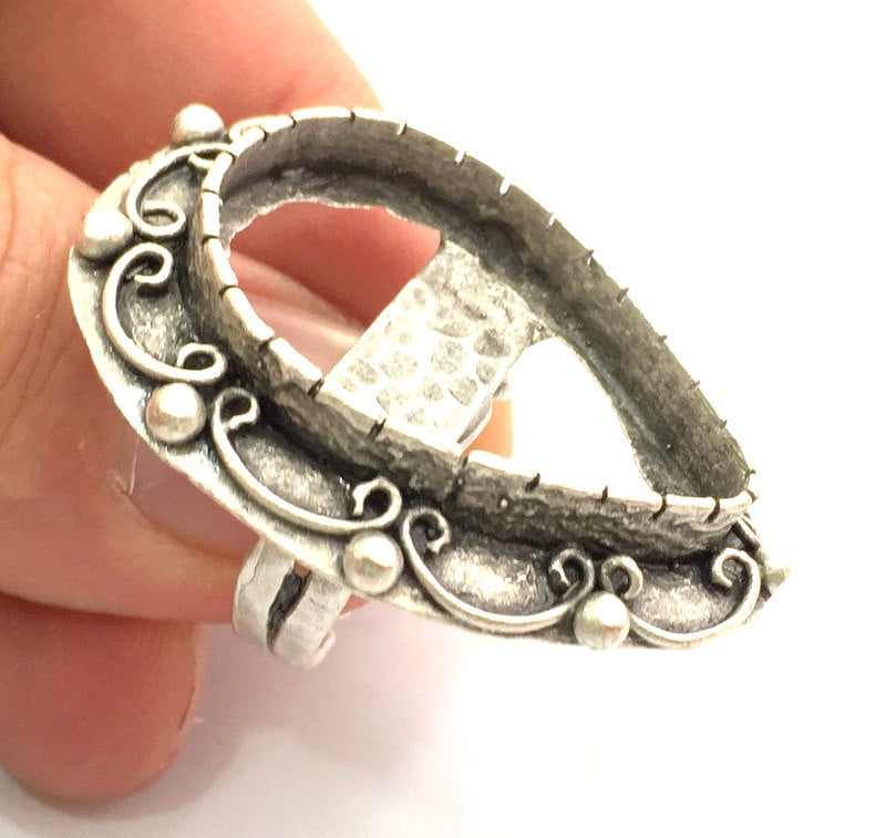 Adjustable Ring Blank, ( 30x22mm drop  blank ) Antique Silver Plated Brass G5998