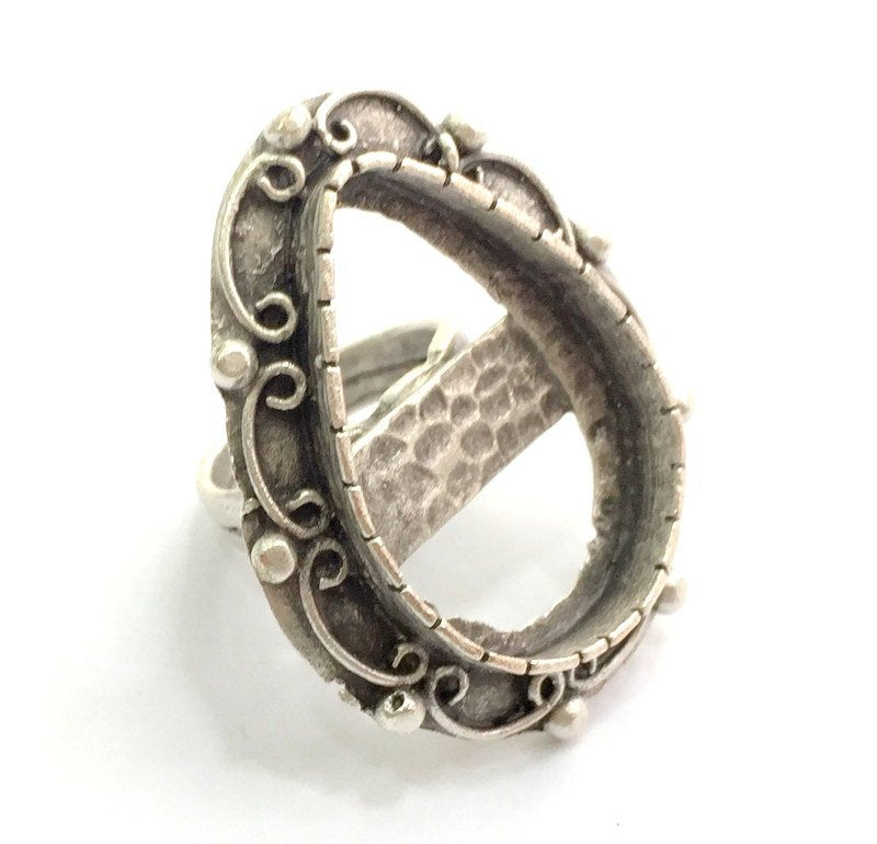 Adjustable Ring Blank, ( 30x22mm drop  blank ) Antique Silver Plated Brass G5998