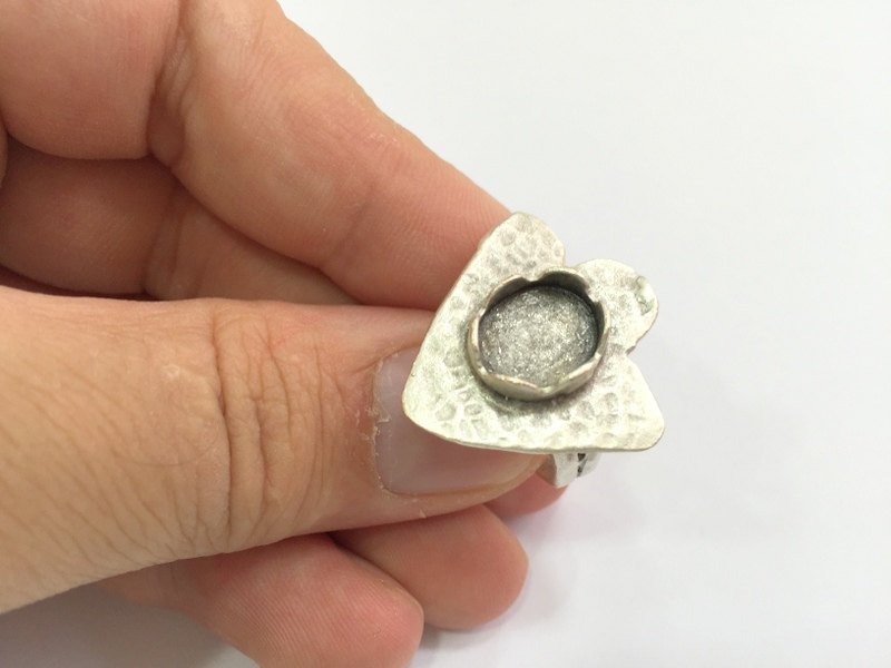 Silver Ring Blank Base Bezel Settings Cabochon Base Mountings Adjustable Ring ( 12x8mm blank ) Antique Silver Plated Brass G6037