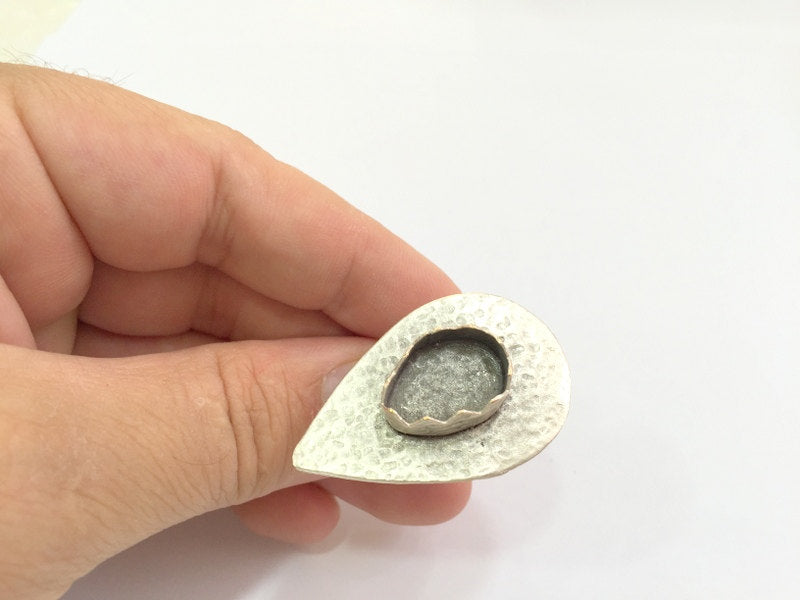 Adjustable Hammered  Ring Blank, ( 18x13mm drop blank ) Antique Silver Plated Brass G6040