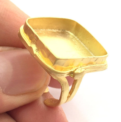 Gold Ring Settings Ring Blank Ring Bezel Base Cabochon Mountings Adjustable  (20mm square blank )  Gold Plated Brass G5383
