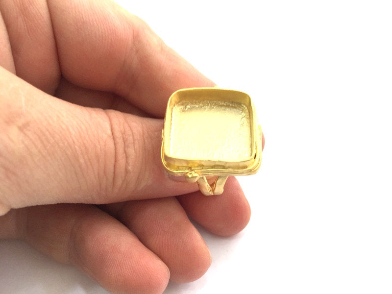 Gold Ring Settings Ring Blank Ring Bezel Base Cabochon Mountings Adjustable  (20mm square blank )  Gold Plated Brass G5383