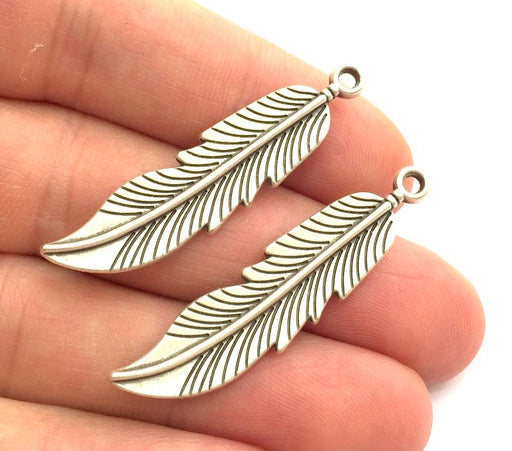 4 Pcs Antique Silver Feather Pendants (45x10mm) Antique Silver Plated Metal  G5870