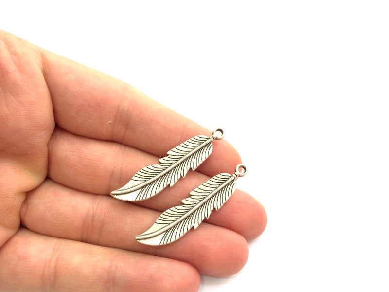 4 Pcs Antique Silver Feather Pendants (45x10mm) Antique Silver Plated Metal  G5870