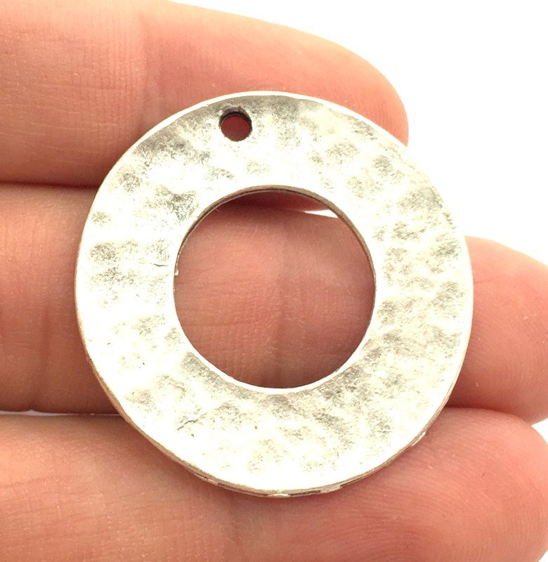 2 Antique Silver Round Pendants 2 Pcs (35mm) Antique Silver Plated Metal  G9779