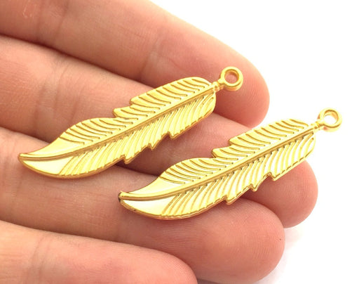 2 Feather Charms Gold Plated Charms,  (45x10mm)  G5881