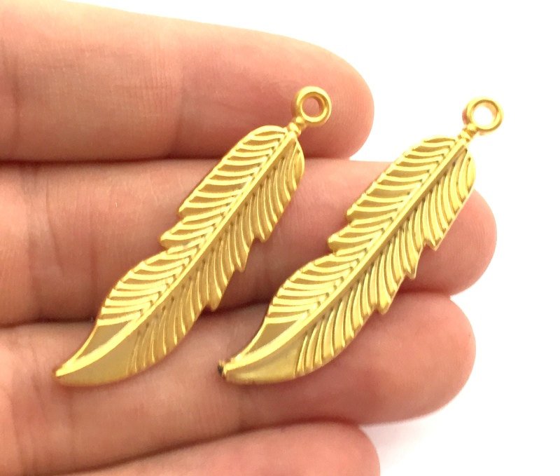 2 Feather Charms Gold Plated Charms,  (45x10mm)  G5881