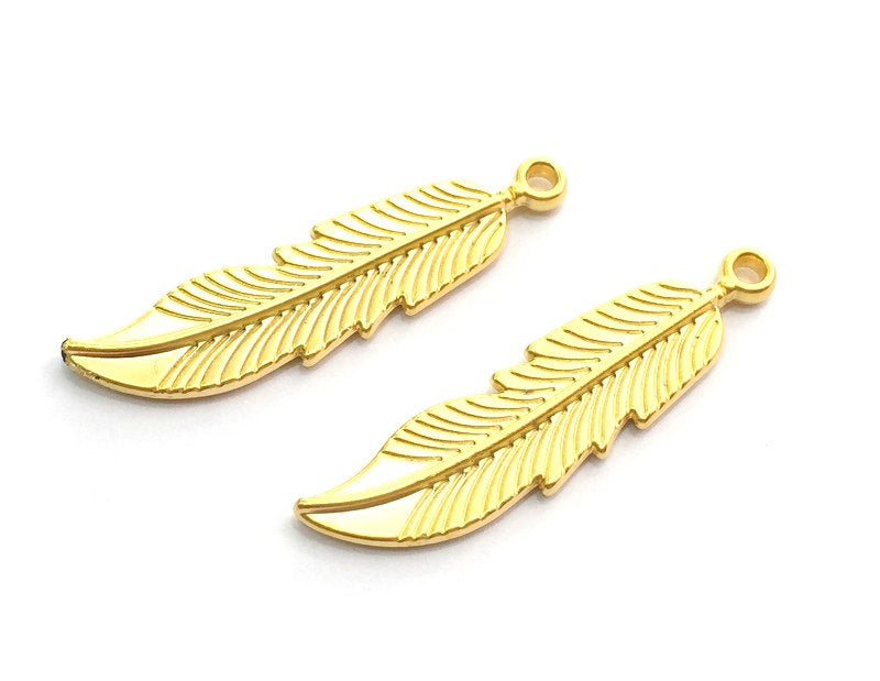 2 Feather Charms Gold Plated Charms,  (45x10mm)  G5881