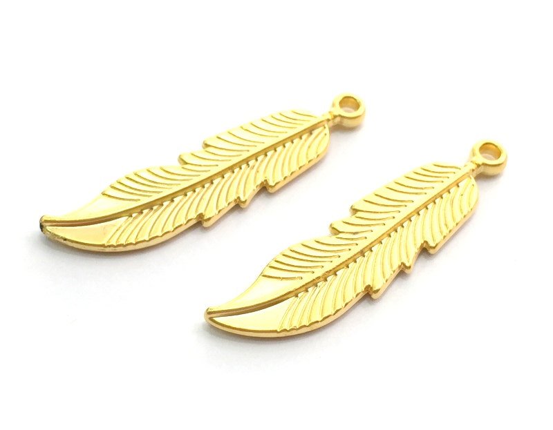 2 Feather Charms Gold Plated Charms,  (45x10mm)  G5881