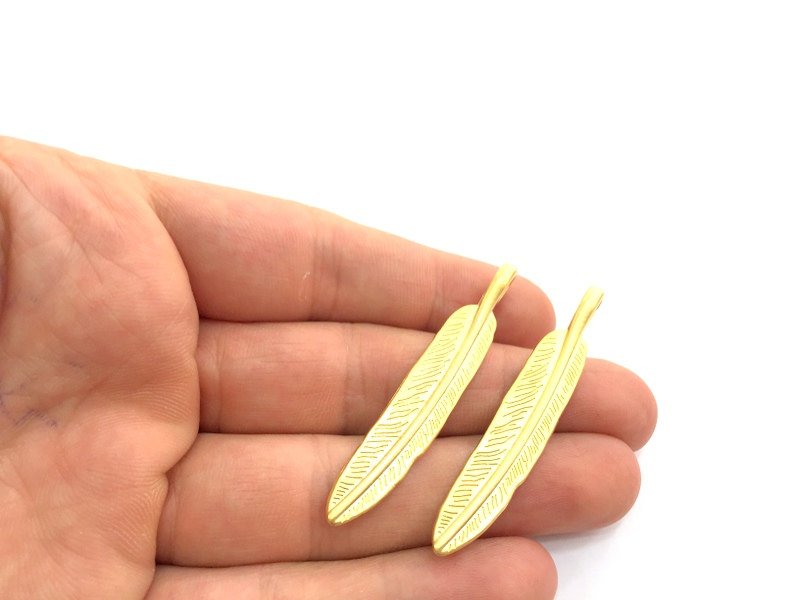 2 Pcs (55x10mm)  Gold Plated Feather Charms,  G5882