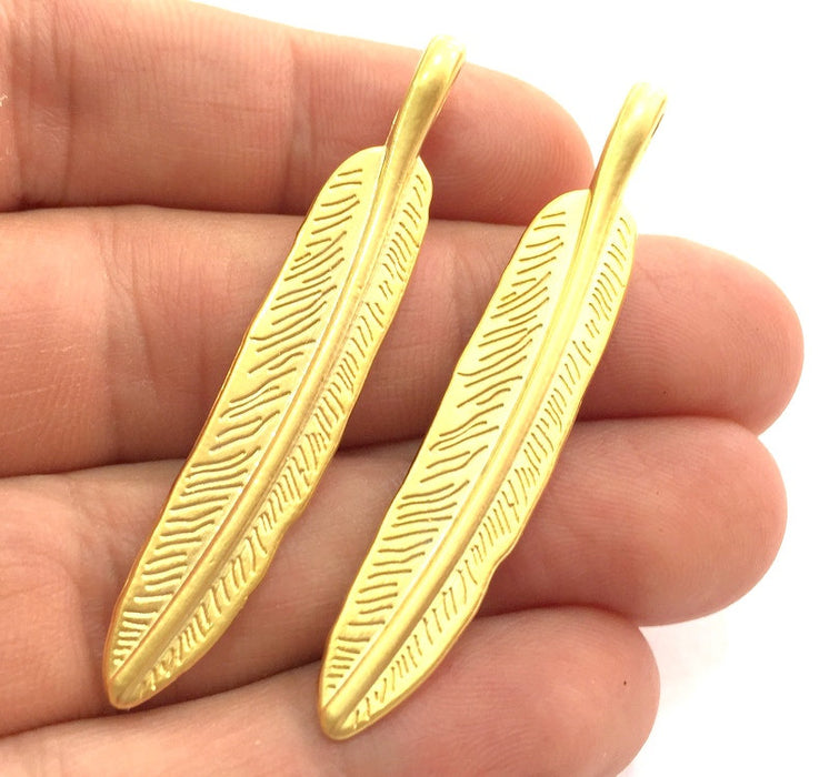 2 Pcs (55x10mm)  Gold Plated Feather Charms,  G5882