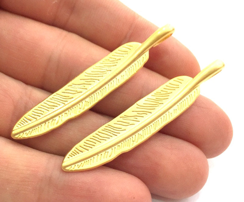 2 Pcs (55x10mm)  Gold Plated Feather Charms,  G5882