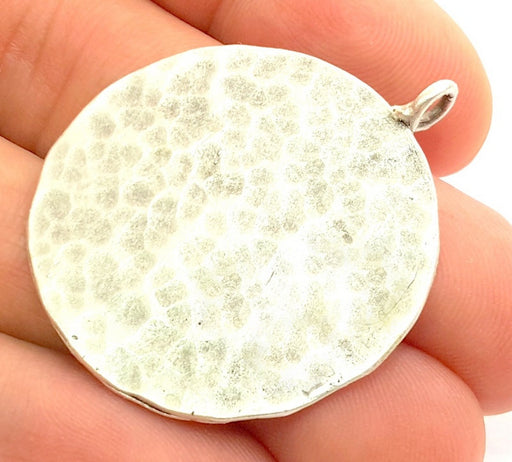 Hammered Round Pendant  (45mm)  Antique Silver Plated Brass   G9217