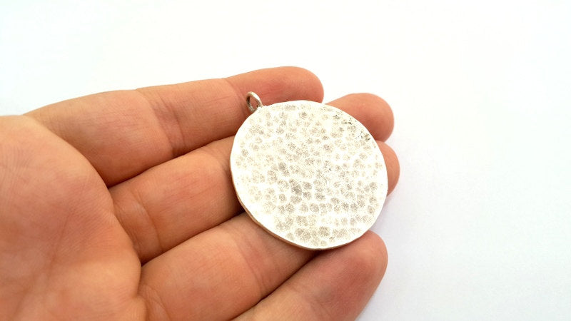 Hammered Round Pendant  (45mm)  Antique Silver Plated Brass   G9217