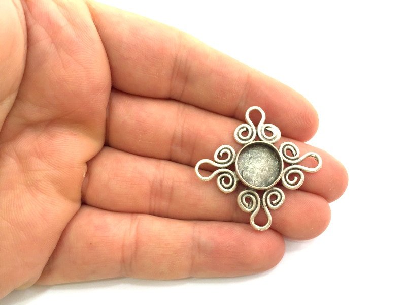 Antique Silver Plated Brass Pendant Settings Blanks  Mountings , (12mm  blank) G5962