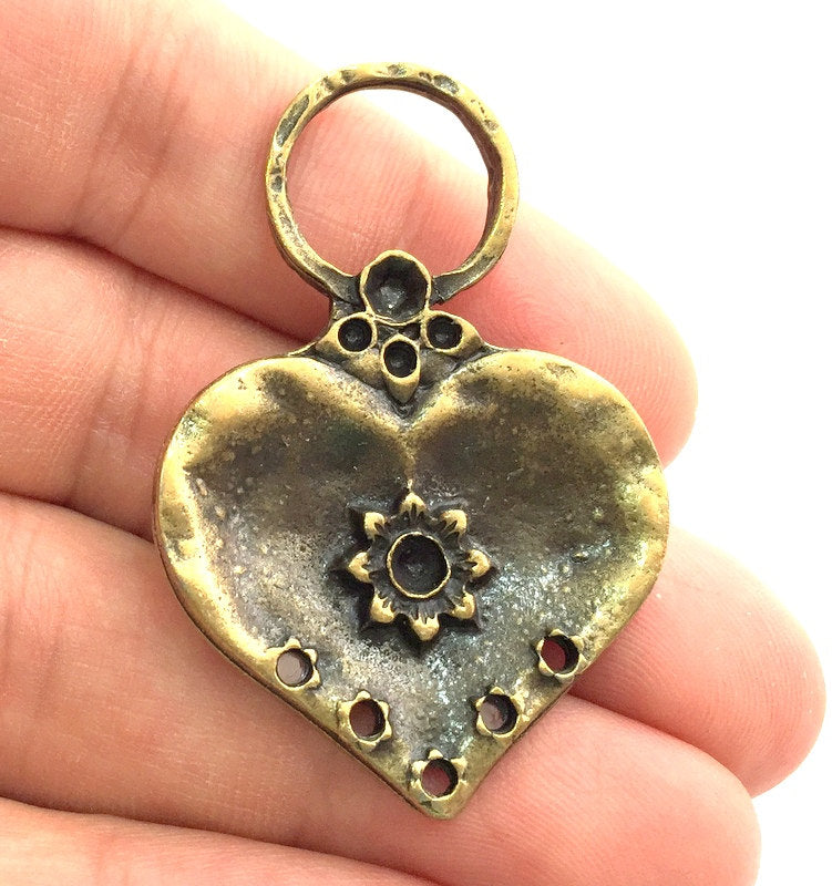 2 Heart Charms Antique Bronze Pendant 52x35 mm  G5973
