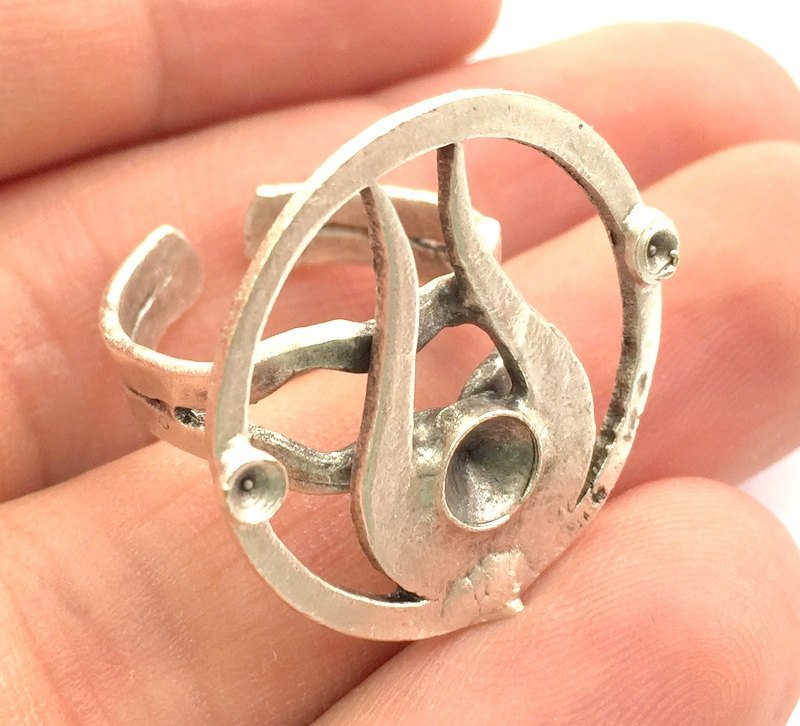 Silver Ring Blank Base Bezel Settings Cabochon Base Mountings Adjustable Ring ( 5mm and 2mm blank ) Antique Silver Plated Brass G5996