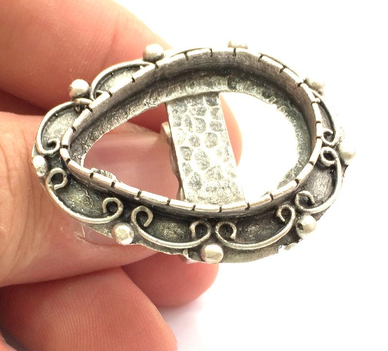 Adjustable Ring Blank, ( 30x22mm drop  blank ) Antique Silver Plated Brass G5998