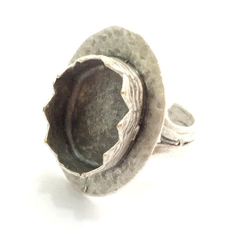 Ring Blank Base Bezel Setting Adjustable Hammered  Ring Blank, ( 18x13mm blank ) Antique Silver Plated Brass G6005