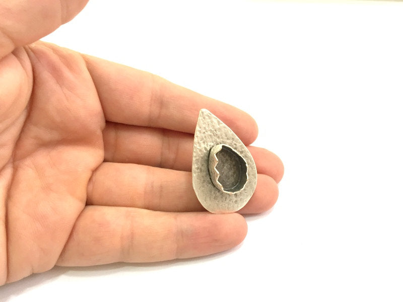 Adjustable Hammered  Ring Blank, ( 18x13mm drop blank ) Antique Silver Plated Brass G6040