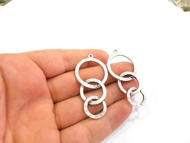 2 Silver Pendant Antique Silver Plated Hammered Pendants (55x27mm) Antique Silver Plated Metal  G8630