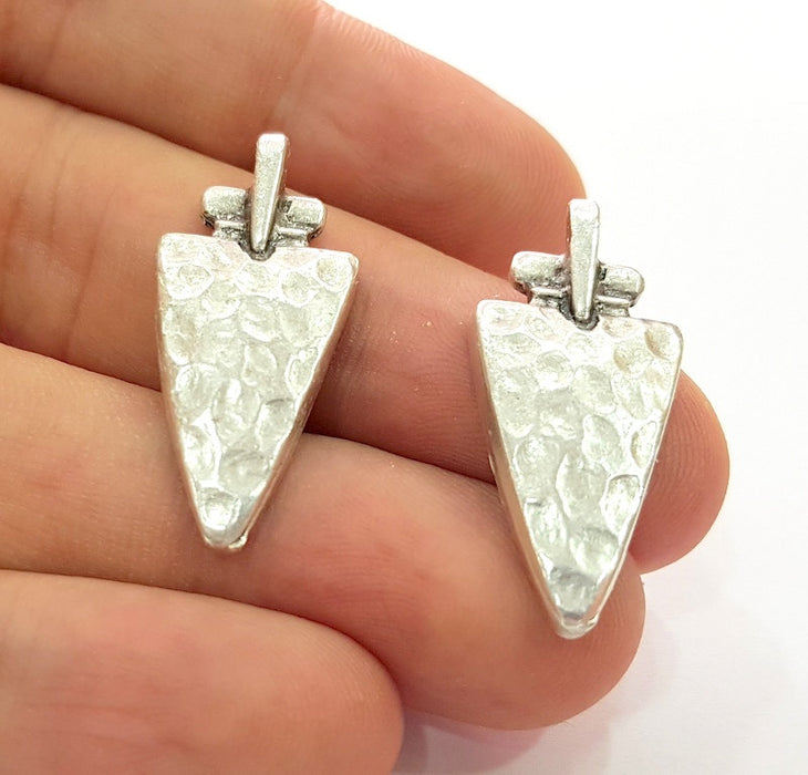 4 Silver Charm Antique Silver Plated Hammered Triangle Charms 4 Pcs (33x15mm)  G6113