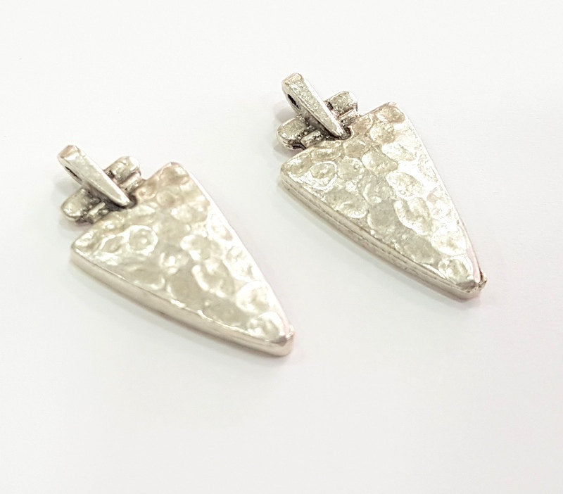 4 Silver Charm Antique Silver Plated Hammered Triangle Charms 4 Pcs (33x15mm)  G6113
