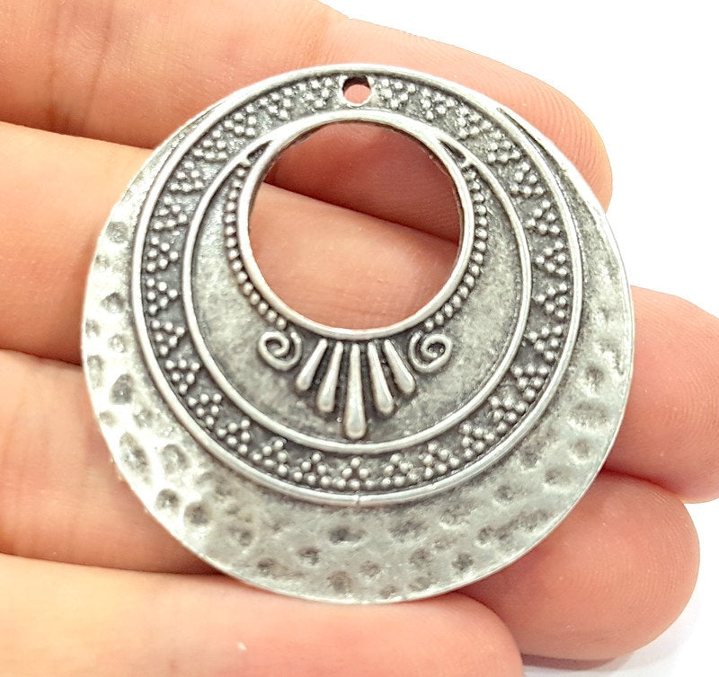 2 Antique Silver Plated Hammered Pendants (42mm) Antique Silver Plated Metal  G6126