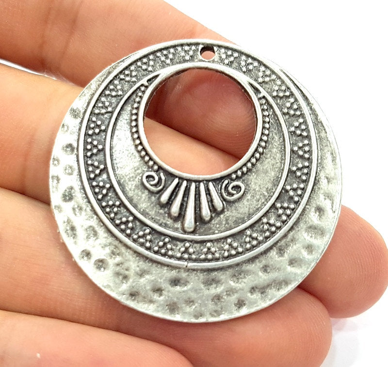 2 Antique Silver Plated Hammered Pendants (42mm) Antique Silver Plated Metal  G6126