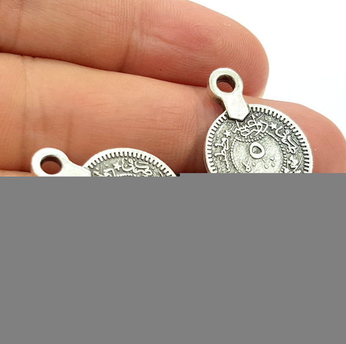 5 Silver Charms Antique Silver Plated Metal Ottoman Signature Charms 5 Pcs (17mm)   G6252