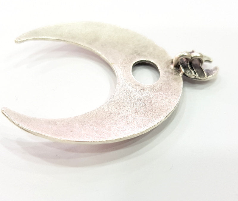 Silver Pendant Antique Silver Plated Hammered Moon Pendant Blank (70x61mm) Antique Silver Plated Metal  G6254