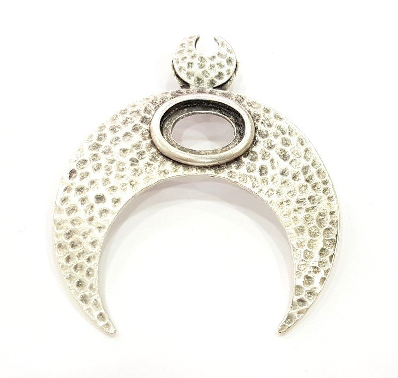 Silver Pendant Antique Silver Plated Hammered Moon Pendant Blank (70x61mm) Antique Silver Plated Metal  G6254
