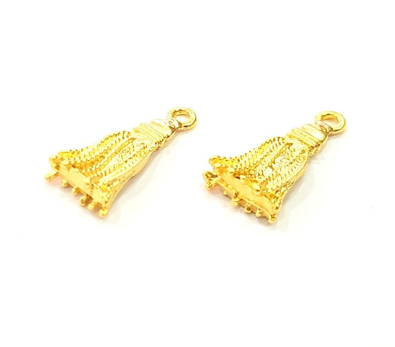 4 Pcs (22x11mm)  Tassel Charms, Gold Plated Metal G6298