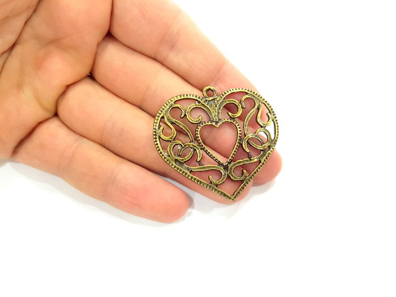 2 Heart Pendant Antique Bronze Tone (45x41mm) G6333