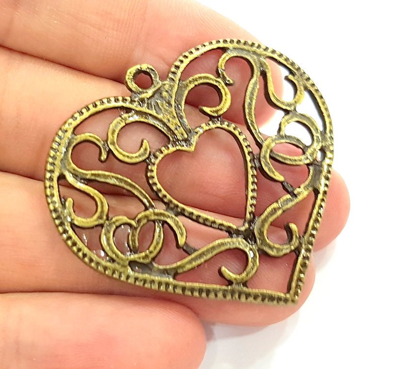 2 Heart Pendant Antique Bronze Tone (45x41mm) G6333