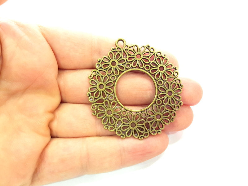 2 Flower Pendant Antique Bronze Pendant  Filigree (52mm) G6334