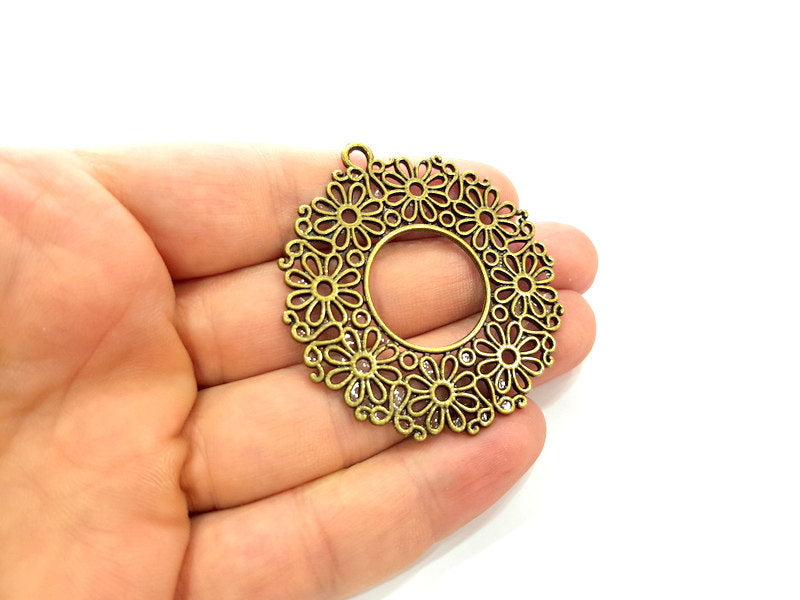2 Flower Pendant Antique Bronze Pendant  Filigree (52mm) G6334