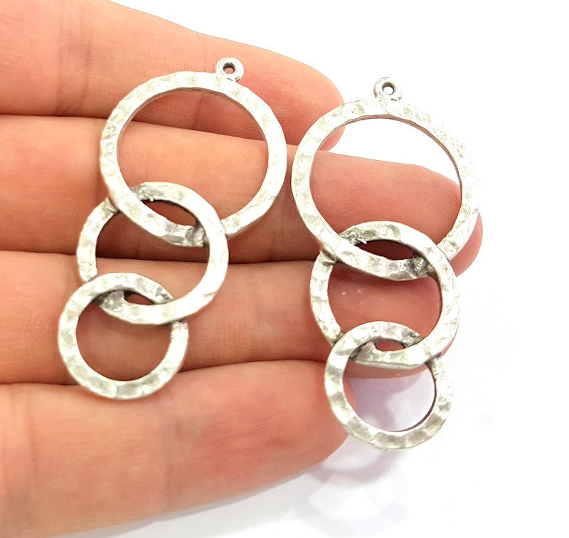 2 Silver Pendant Antique Silver Plated Hammered Pendants (55x27mm) Antique Silver Plated Metal  G8630