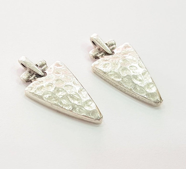 4 Silver Charm Antique Silver Plated Hammered Triangle Charms 4 Pcs (33x15mm)  G6113