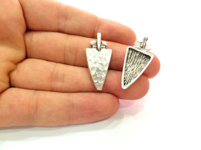 4 Silver Charm Antique Silver Plated Hammered Triangle Charms 4 Pcs (33x15mm)  G6113