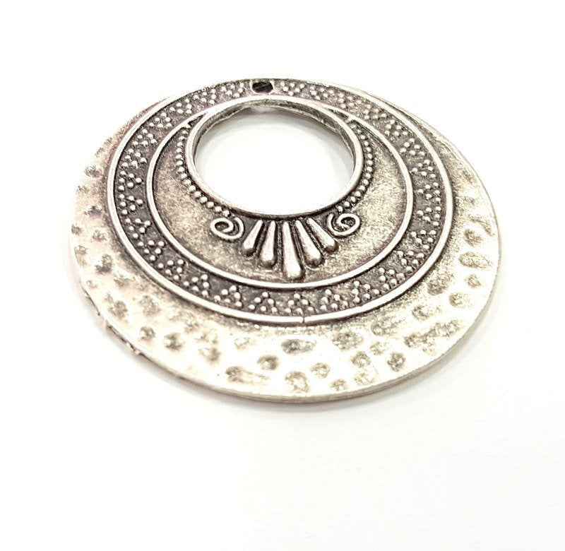 2 Antique Silver Plated Hammered Pendants (42mm) Antique Silver Plated Metal  G6126