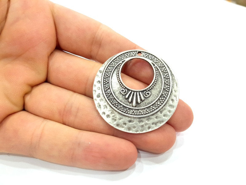 2 Antique Silver Plated Hammered Pendants (42mm) Antique Silver Plated Metal  G6126