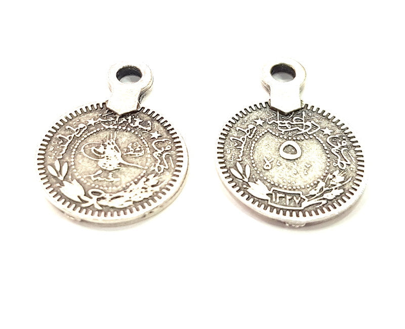 10 Silver Charms Antique Silver Coin Ottoman Signature Charms  10 Pcs (15mm) Antique Silver Plated Metal  G6416