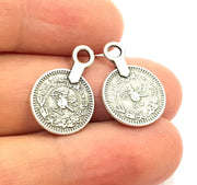 10 Silver Charms Antique Silver Coin Ottoman Signature Charms  10 Pcs (15mm) Antique Silver Plated Metal  G6416