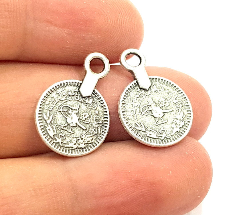 10 Silver Charms Antique Silver Coin Ottoman Signature Charms  10 Pcs (15mm) Antique Silver Plated Metal  G6416
