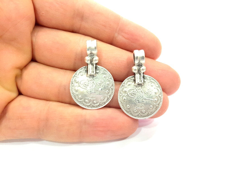 2 Antique Silver Coin Ottoman Signature Charms  2 Pcs (34x22mm) Antique Silver Plated Metal  G6420