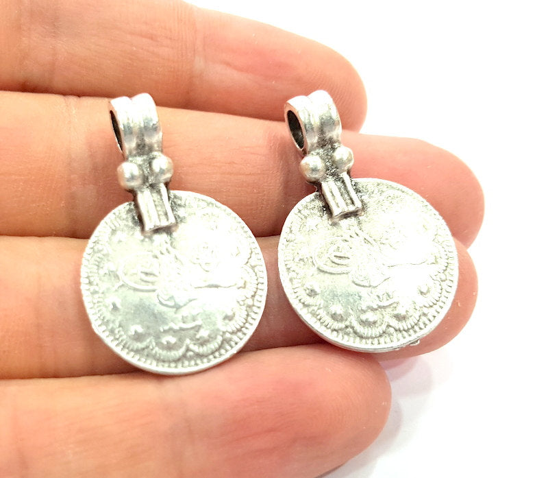2 Antique Silver Coin Ottoman Signature Charms  2 Pcs (34x22mm) Antique Silver Plated Metal  G6420