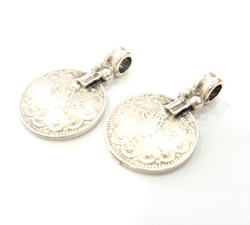 2 Antique Silver Coin Ottoman Signature Charms  2 Pcs (34x22mm) Antique Silver Plated Metal  G6420