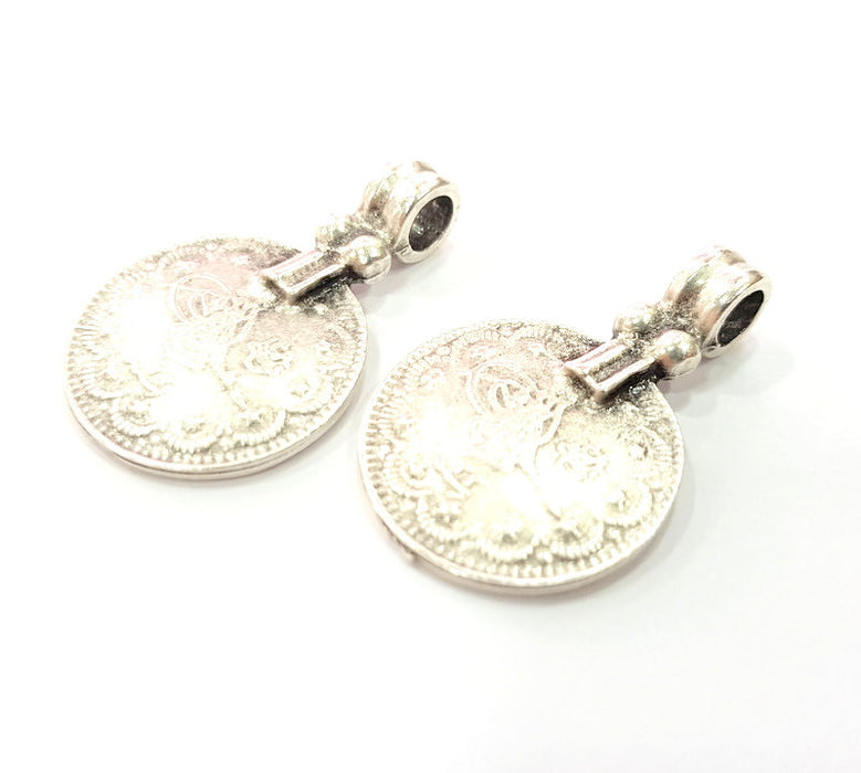 2 Antique Silver Coin Ottoman Signature Charms  2 Pcs (34x22mm) Antique Silver Plated Metal  G6420